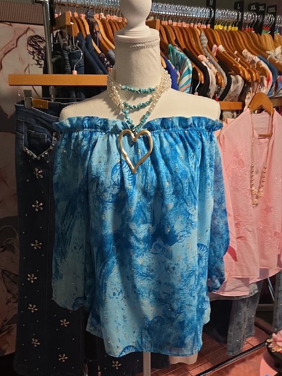 White House Black Market Tops - White House Black Market Off-Shoulder Blue Printed Blouse